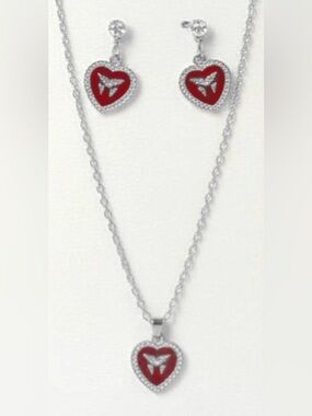 Red Heart Pendant Necklace & Earrings Set - Silver Tone